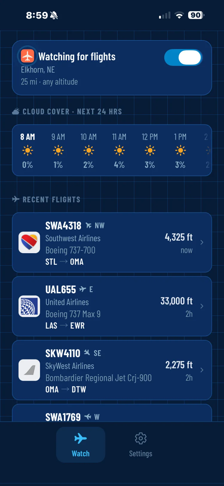 The Planely app's Watch tab, listing flights that recently passed overhead
